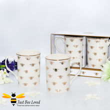 Load image into Gallery viewer, Part of the Leonardo Queen Bee range, sleek ivory fine China tea/coffee set of two mugs bee-utifully decorated with golden bees and gold rim.  