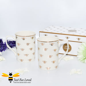 Part of the Leonardo Queen Bee range, sleek ivory fine China tea/coffee set of two mugs bee-utifully decorated with golden bees and gold rim.  