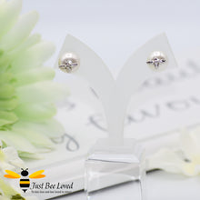 Load image into Gallery viewer, White pearl and bee sterling silver 925 stud earrings nose studs featuring pearls and silver bee design