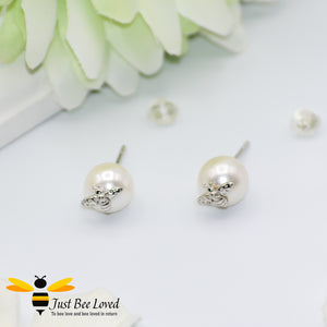 White pearl and bee sterling silver 925 stud earrings nose studs featuring pearls and silver bee design