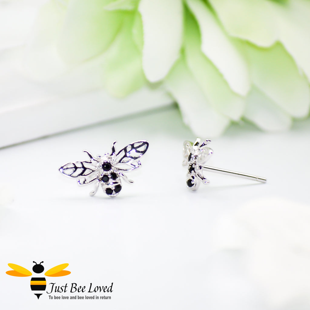 Sterling Silver & Black Zircon Bee Stud Earrings