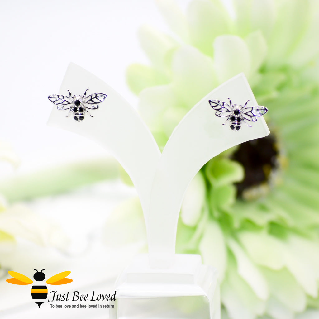 Sterling Silver & Black Zirconia Bee Stud Earrings