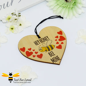 "Honey Bee Mine" Wooden Love Heart Mini Hanging Sign featuring a bumblebee and love hearts and message