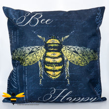Load image into Gallery viewer, Large scatter cushion featuring a classic design of a golden bee amongst beautiful calligraphy and the joyful message &quot;Bee Happy&quot; in dark navy colour.