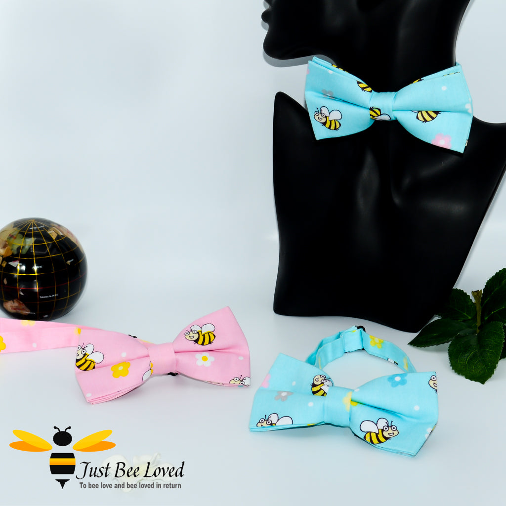 Boy's bee pre-tied cotton bow ties in blue or pink.