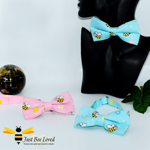 Men's novelty bee themed pre-tied cotton bow ties with bees in blue or pink.