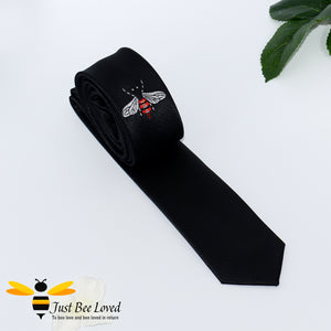 Men's handmade bee embroidered skinny tie in black 5cm width