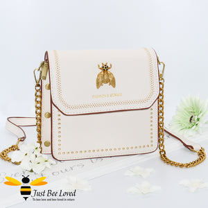 Cream vegan friendly leather handbag with vintage bee embellishment 