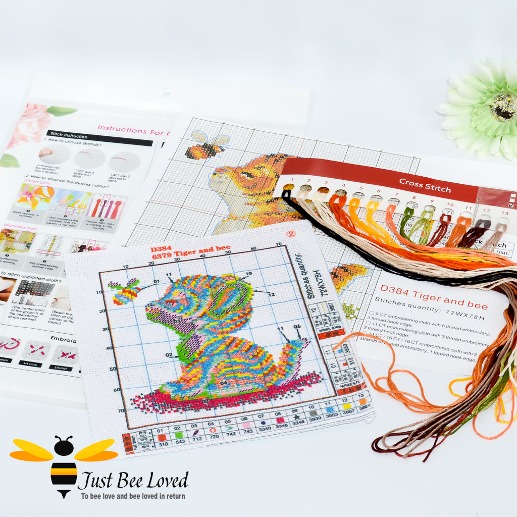 flying bumblebee and a baby tiger, this 14 count cross stitch embroidery full kit is suitable for beginners, children and adults. 