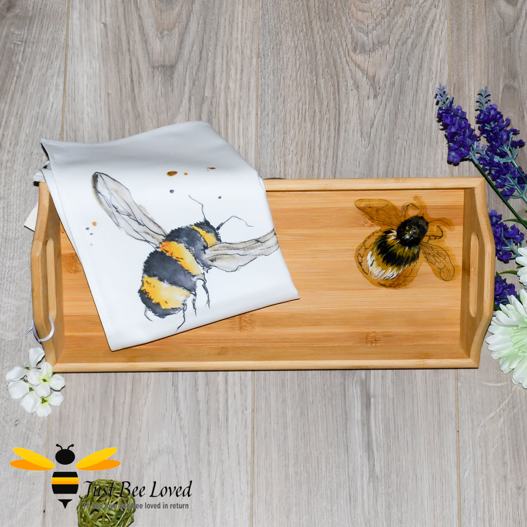 Joanna Williams Somersetbrush hand painted bumble bee serving tray tea towel set