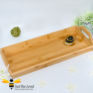 bamboo serving tray hand-painted by British artist Joanna Williams; featuring a painting of a bumblebee