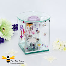 Load image into Gallery viewer, glass oil &amp; wax melt burner featuring a clear front face decorated with flying bumblebees and matching lavender flowers on back. 