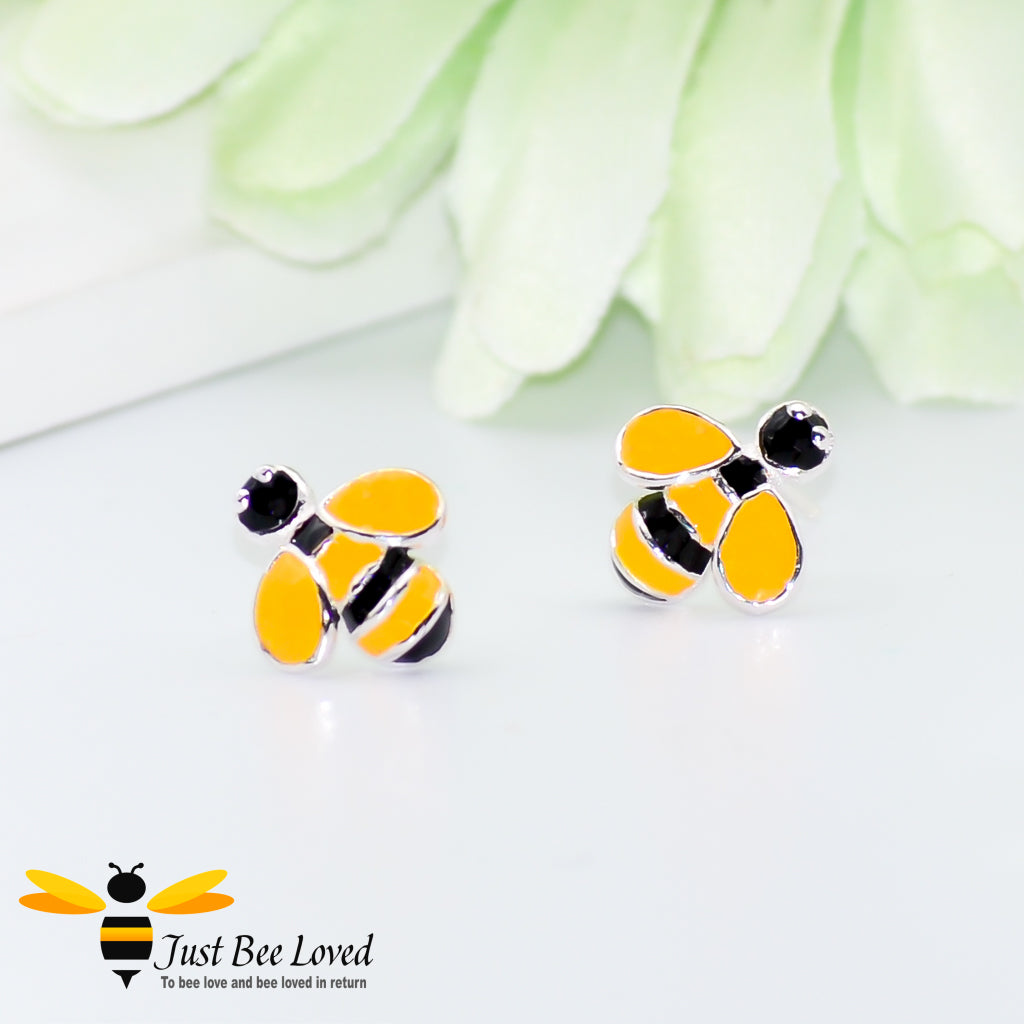 sterling silver black and yellow striped enamelled bee stud earrings