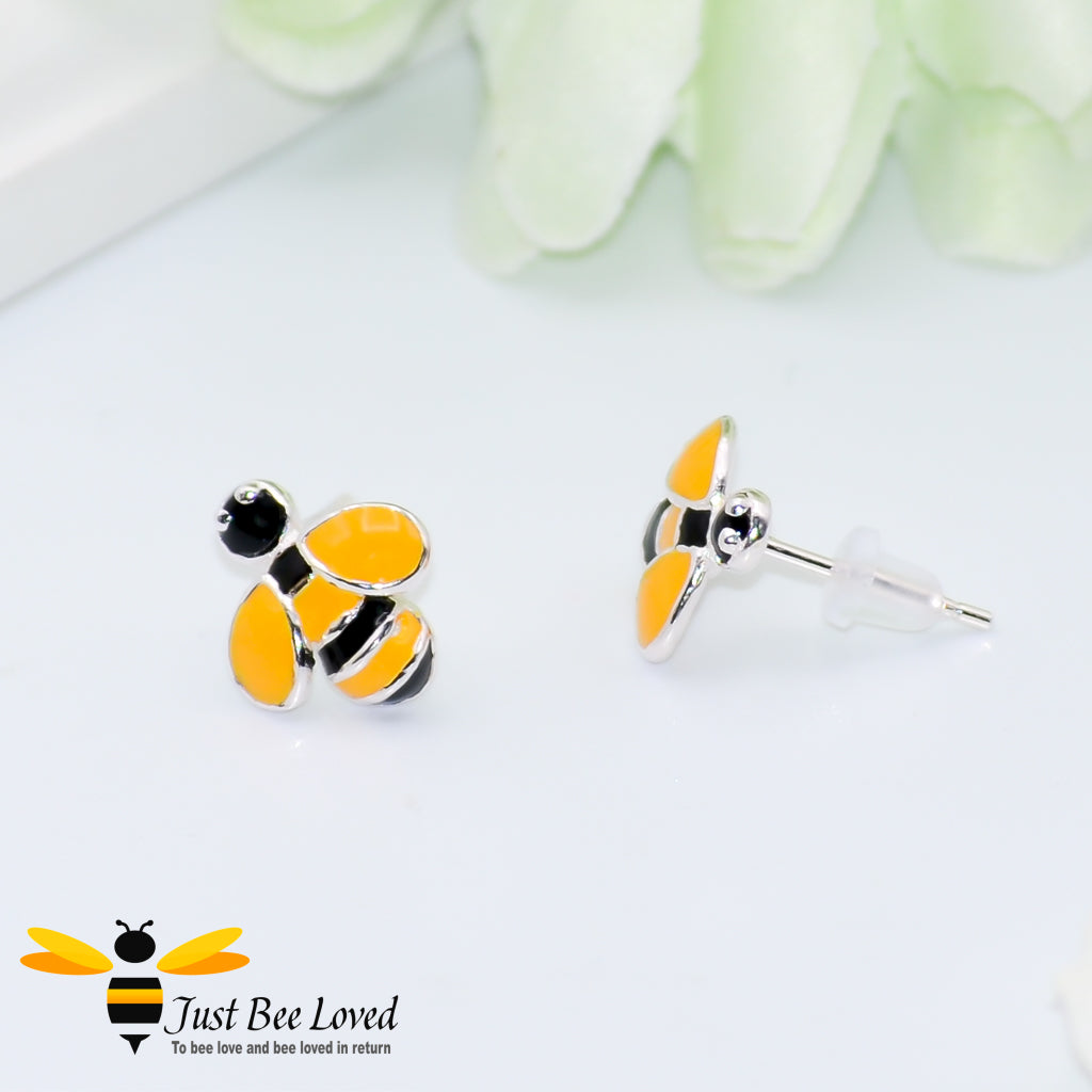 sterling silver black and yellow striped enamelled bee stud earrings
