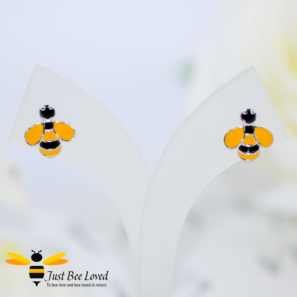 sterling silver black and yellow striped enamelled bee stud earrings