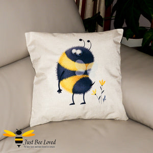 Large scatter cushion featuring a colourful image of a cute bumblebee looking at his fluffy stinger