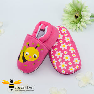 Baby girl pink bee walker slippers booties with cartoon bee and anti slip daisy soles