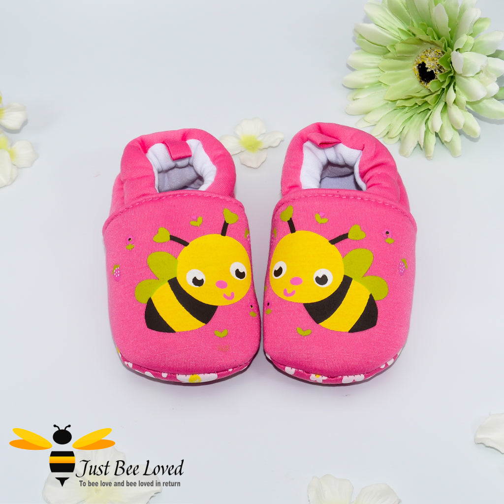 Baby girl pink bee walker slippers booties with cartoon bee and anti slip daisy soles