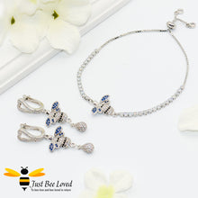 Load image into Gallery viewer, Handmade rhinestone encrusted sliding bee bracelet with matching bee drop earrings.