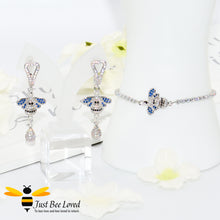 Load image into Gallery viewer, Handmade rhinestone encrusted sliding bee bracelet with matching bee drop earrings.