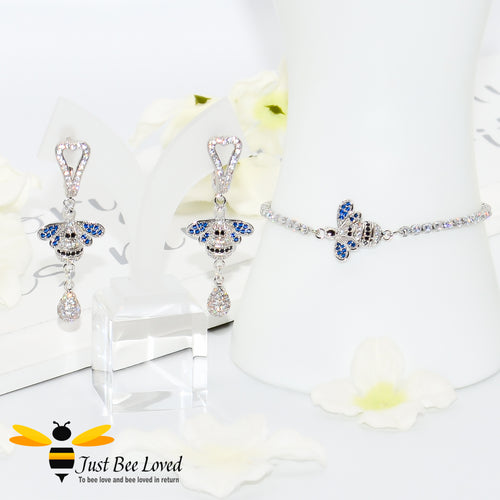 Handmade rhinestone encrusted sliding bee bracelet with matching bee drop earrings.