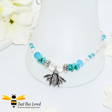 Load image into Gallery viewer, bohemian styled anklet bracelet featuring bee pendant, turquoise stones and white tube beads