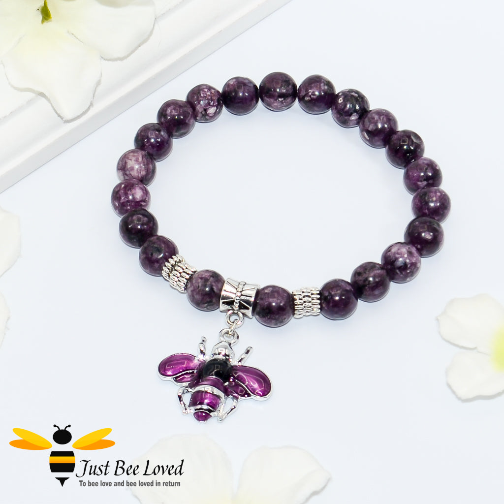 Handmade mottled purple natural stone bead bracelet featuring a purple enamelled bee charm. 