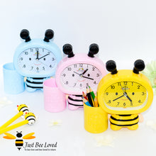 Load image into Gallery viewer, Children&#39;s bee shaped Alarm and pen holder clock in 3 colours, yellow, pink, blue