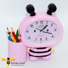 Load image into Gallery viewer, Children&#39;s bee shaped Alarm and pen holder clock in pink