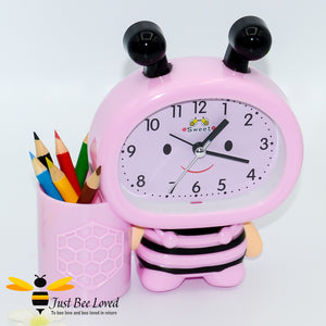 Children's bee shaped Alarm and pen holder clock in pink