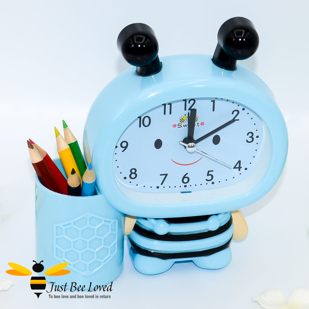 Children's bee shaped Alarm and pen holder clock in blue