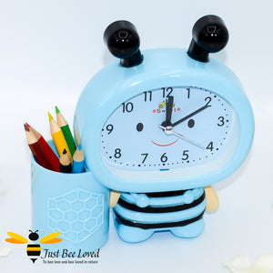 Children's bee shaped Alarm and pen holder clock in blue