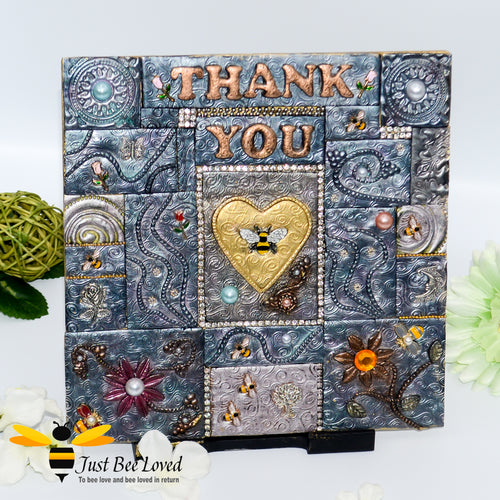 Handmade mosaic clay 'Thank You' plaque embellished with bees, flowers, pearls and crystals. 