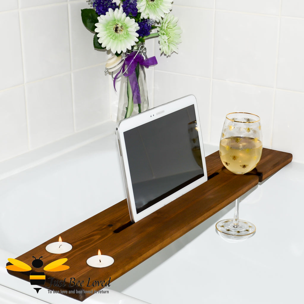 solid pine wood bath caddy tray; featuring hand-painted bumble bee art by British artist Joanna Williams