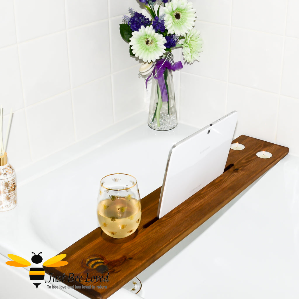 solid pine wood bath caddy tray; featuring hand-painted bumble bee art by British artist Joanna Williams