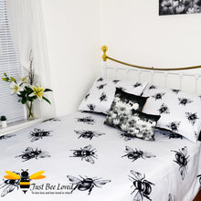 Load image into Gallery viewer, duvet bedding set featuring a bold black and white design print of large bees with matching pillow cases.