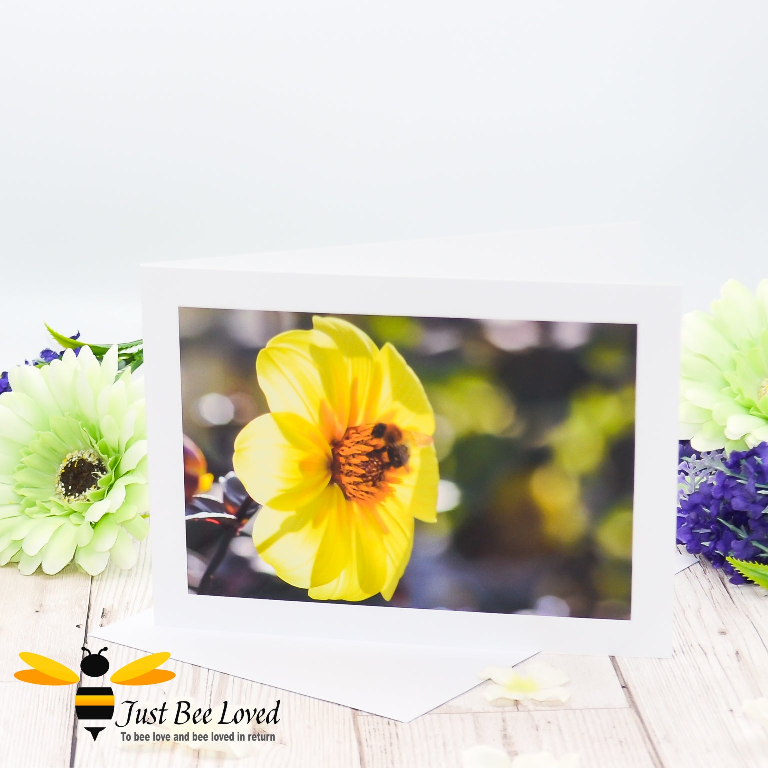A greeting card with a photographic image of a bee foraging on a sun kissed yellow dahlia flower.