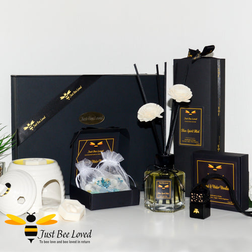 Bee themed vegan home fragrance hamper gift box set with reed diffuser, wax melts, wax tablets, car diffuser, oil wax melt burner.