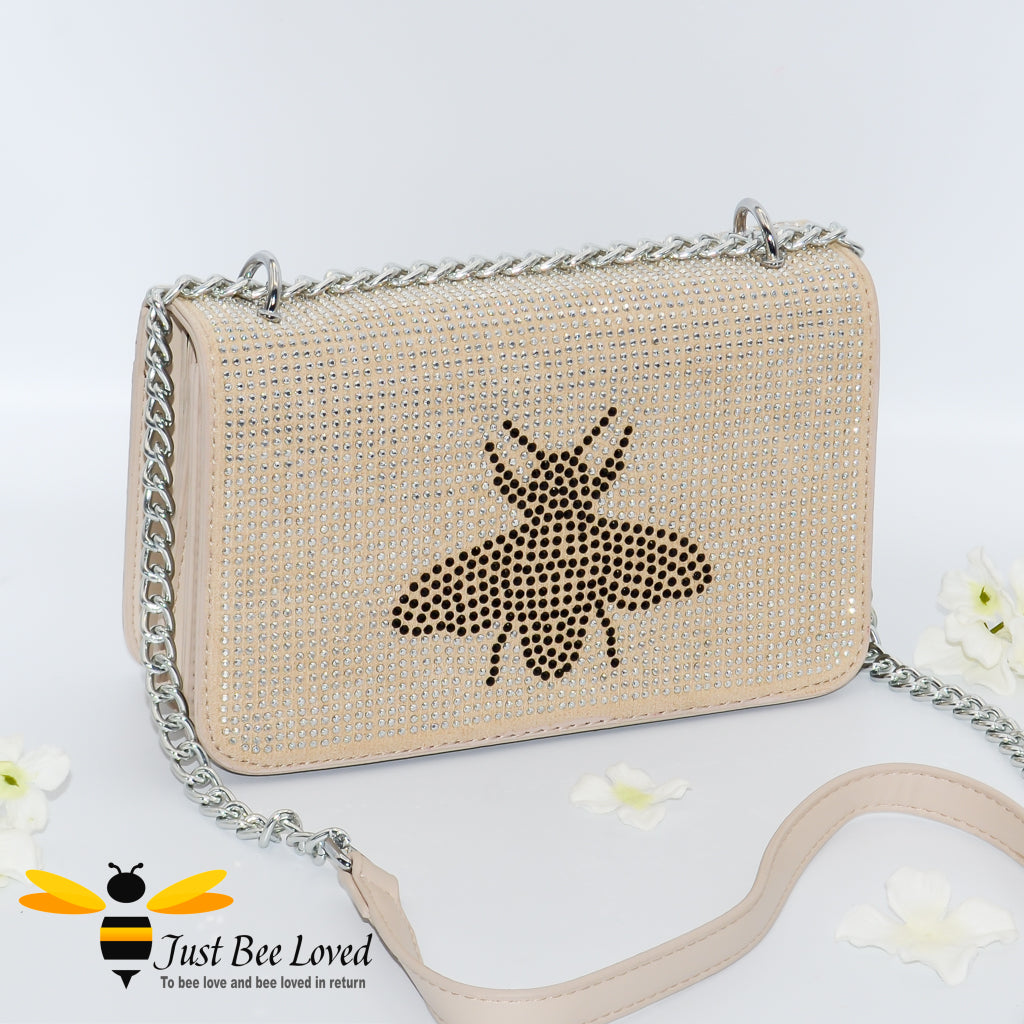 faux leather beige handbag encrusted with crystal diamantes with a large central bee
