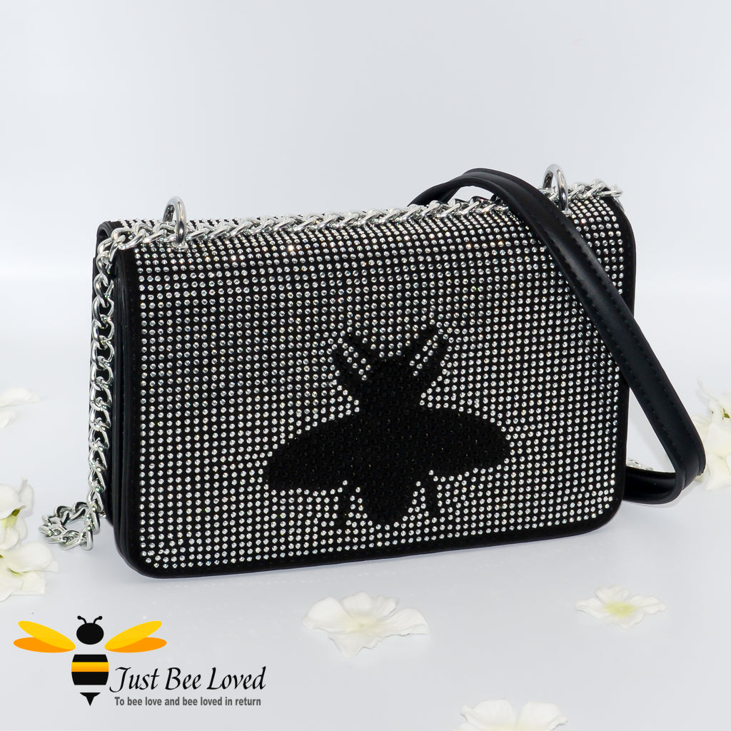 faux leather black handbag encrusted with crystal diamantes with a large central bee