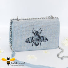 Load image into Gallery viewer, Blue faux leather handbag encrusted with thousands of hand-painted crystal diamantes and featuring a large central bee