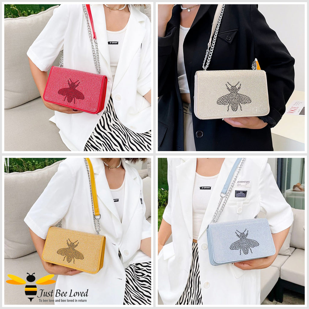 gallery of a woman modelling bee handbags