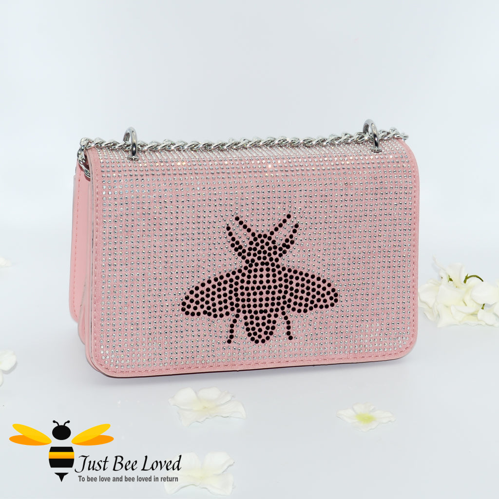 faux leather pink handbag encrusted with crystal diamantes with a large central bee