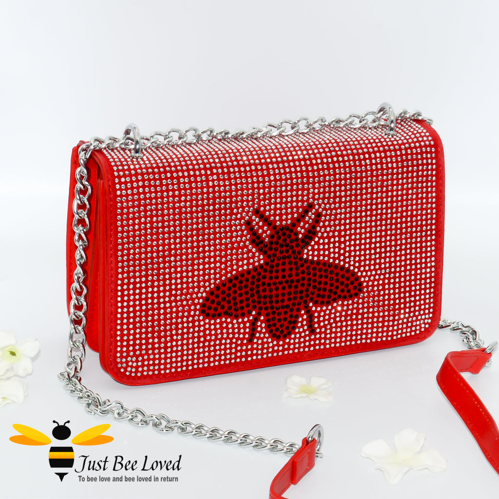 faux leather red handbag encrusted with crystal diamantes with a large central bee