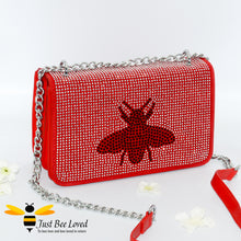 Load image into Gallery viewer, Red faux leather handbag encrusted with thousands of hand-painted crystal diamantes and featuring a large central bee
