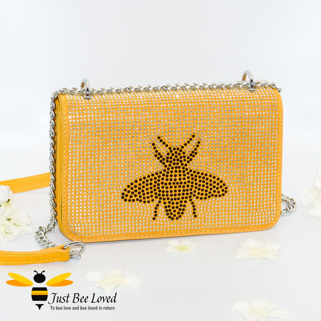 faux leather yellow handbag encrusted with crystal diamantes with a large central bee