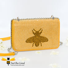 Load image into Gallery viewer, Yellow faux leather handbag encrusted with thousands of hand-painted crystal diamantes and featuring a large central bee