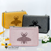 Load image into Gallery viewer, faux leather handbag encrusted with thousands of hand-painted crystal diamantes and featuring a large central bee