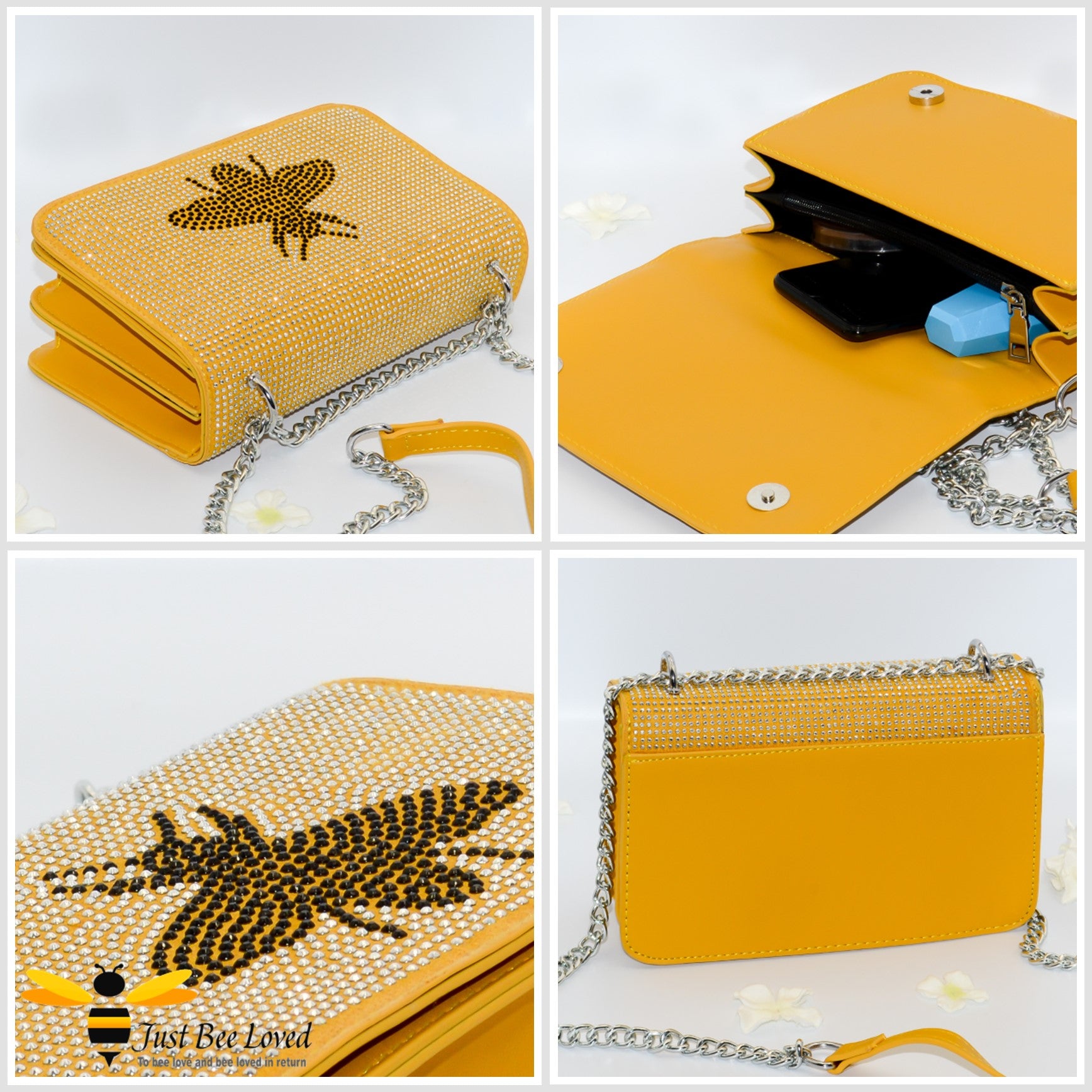gallery of a faux leather yellow handbag encrusted with crystal diamantes with a large central bee