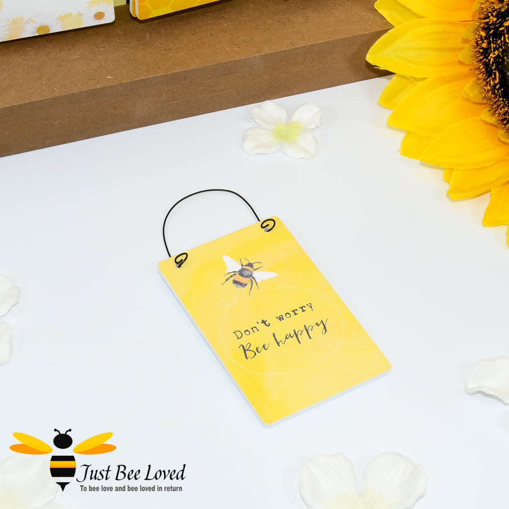Sentimental bee themed wooden mini sign card with 'Don't Worry Bee Happy' message.